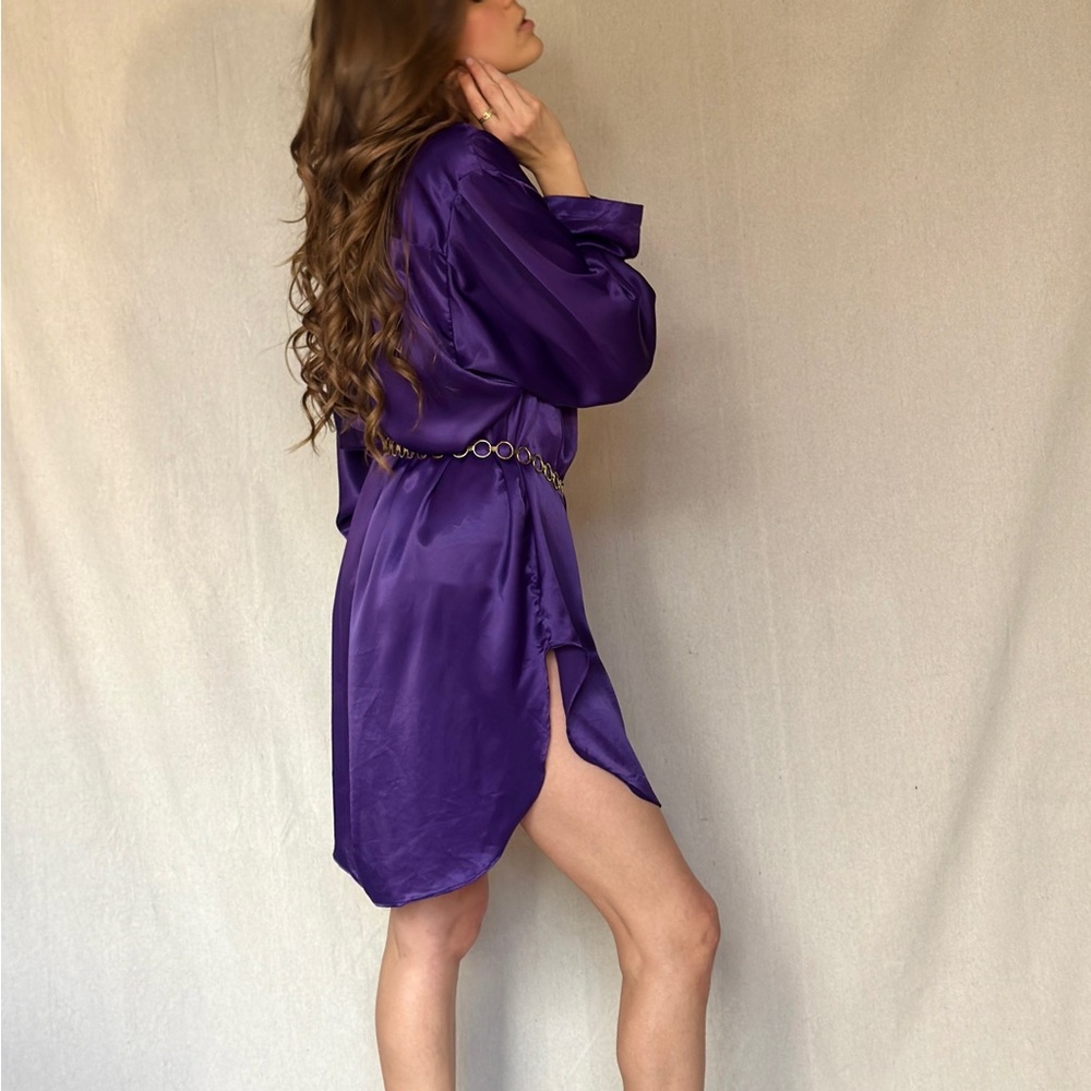 90s purple satin button up shirt dress